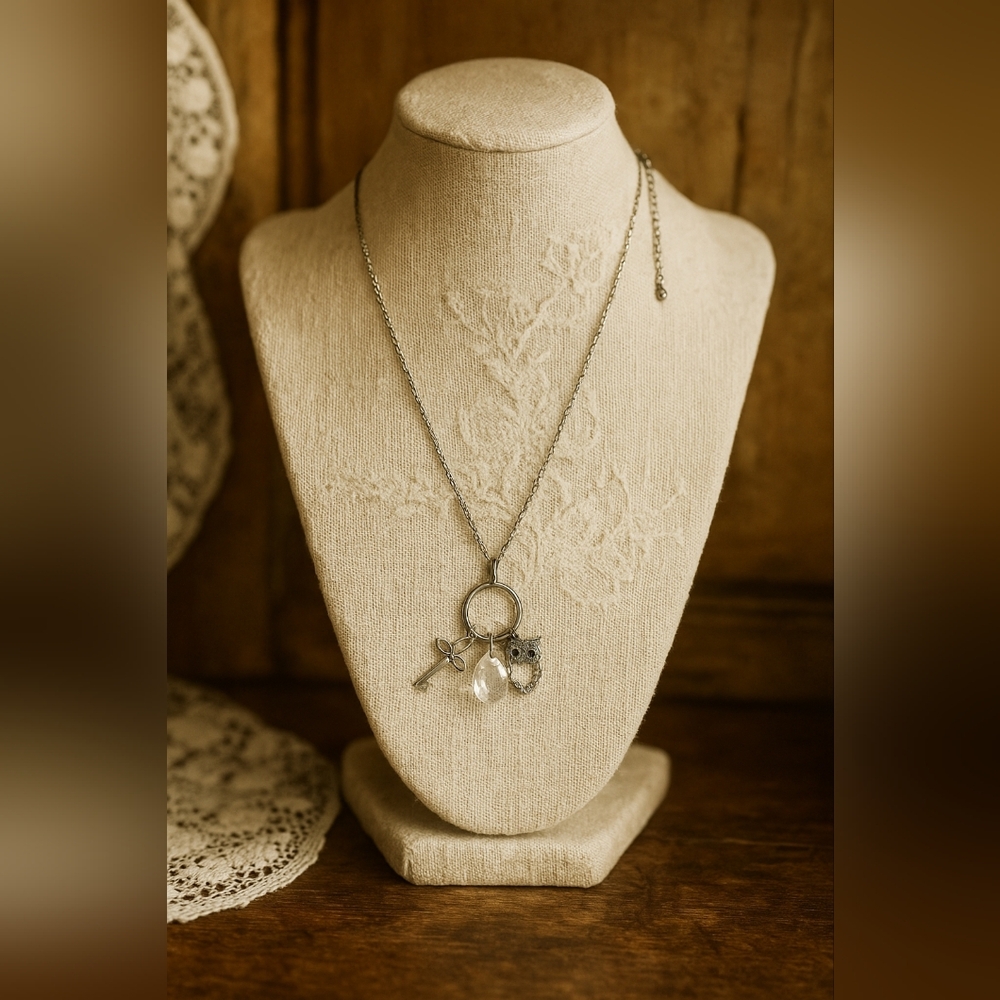 Silver Charm Pendant Necklace – Owl, Key & Crystal Drop – Whimsical Vintage Boho